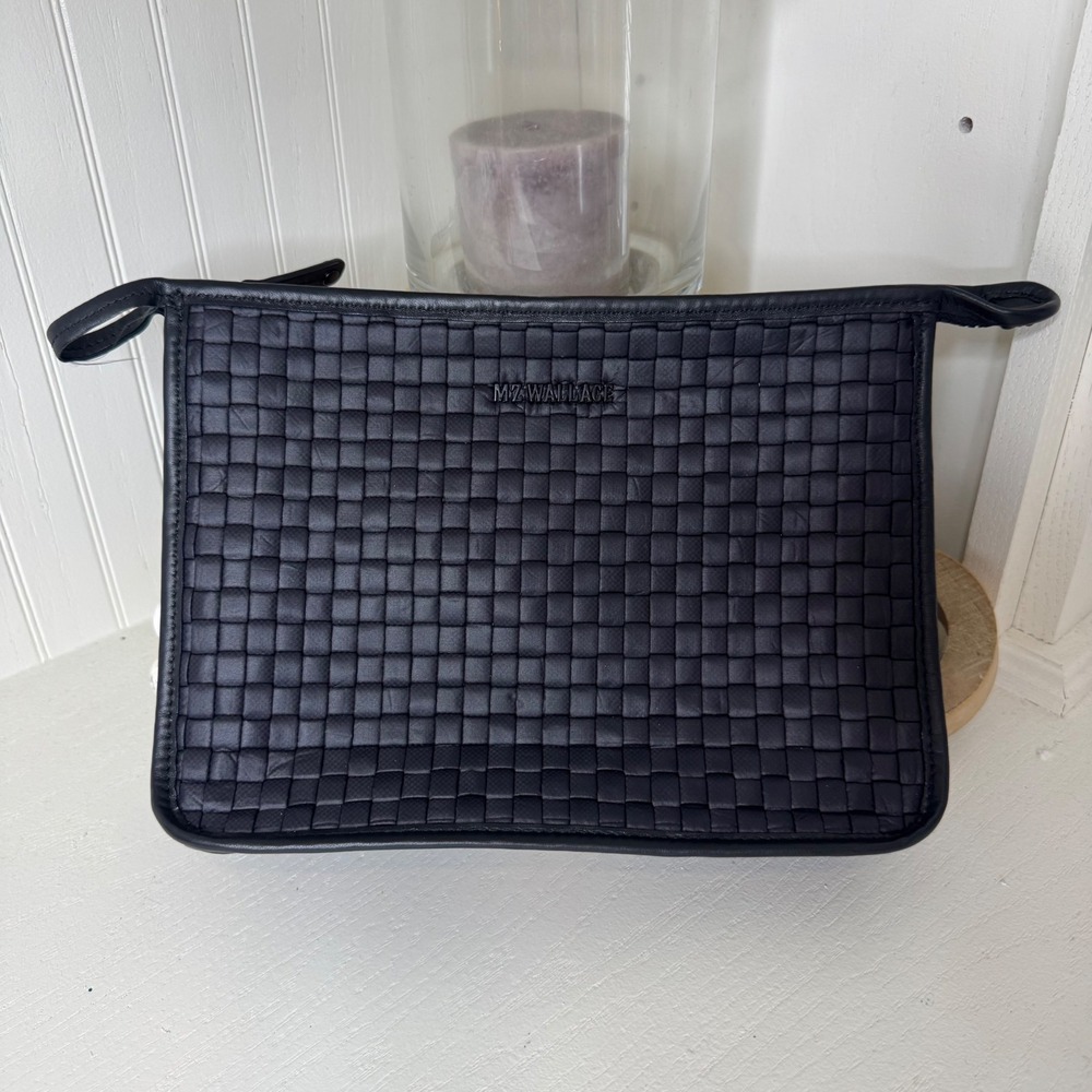 MZ Wallace Black Woven Bedford Nylon Double Zip Clutch Cosmetic Bag